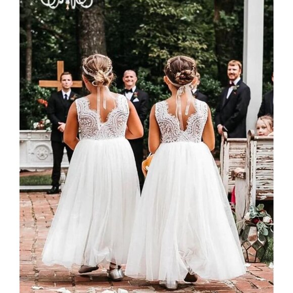 🆕Toddler Girls White Lace Cotton Tulle V Back Sleeveless Maxi Flower Girl Dress - Picture 8 of 8